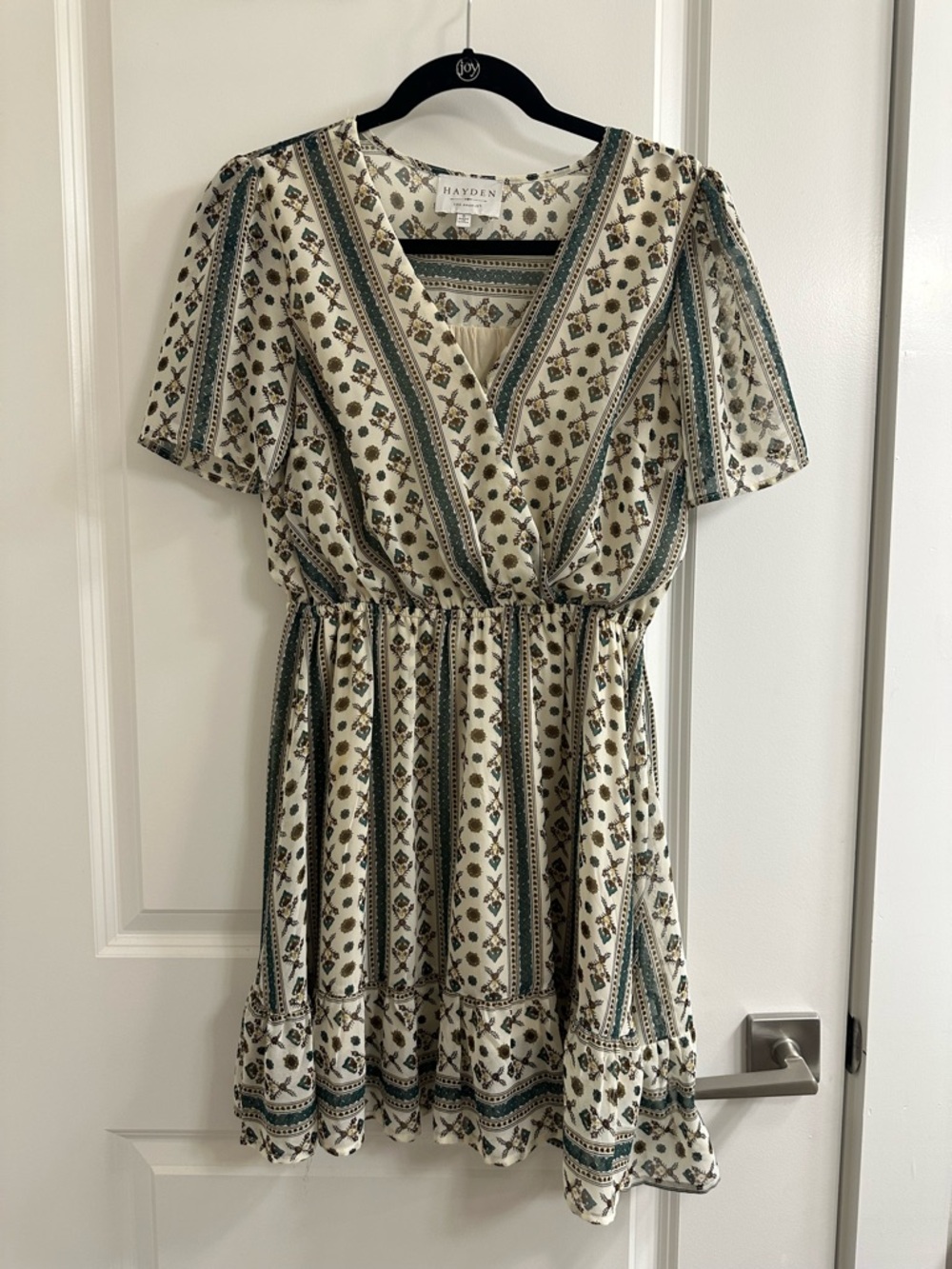 Hayden Ivory Dress with Teal and Olive Print